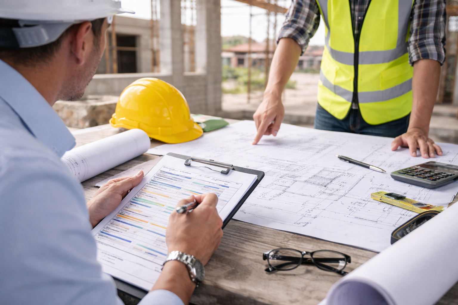 Planejamento de obra com engenheiro civil analisando cronograma e plantas no canteiro de obras residencial